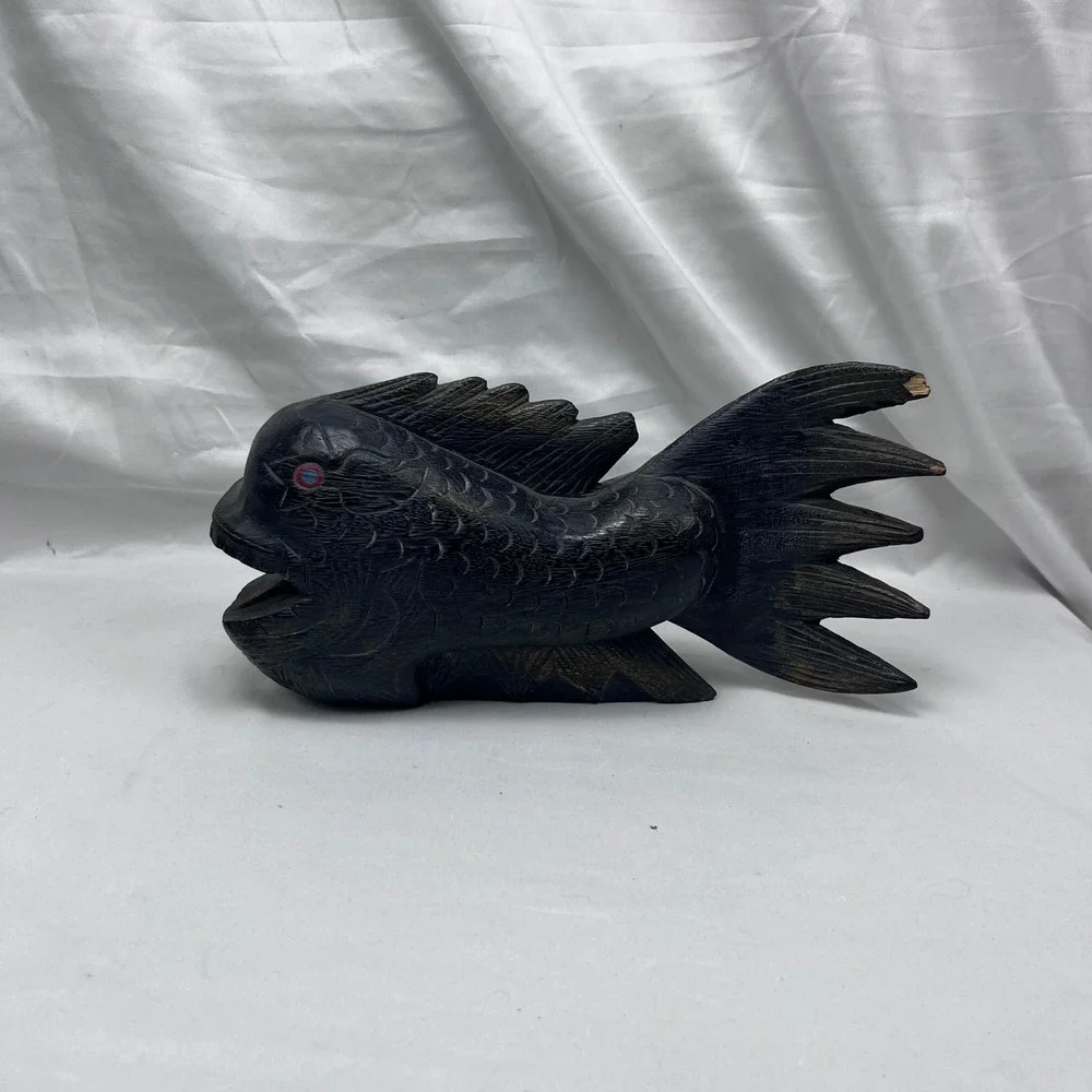 Unbranded Vintage Folk Art Nautical Decor Dark Wood Hand Carved Fish Figurine